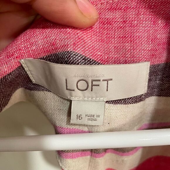 Ann Taylor LOFT Dress Womens 16 Striped Linen Blend Mini Belted Cut Out Back - Picture 12 of 13